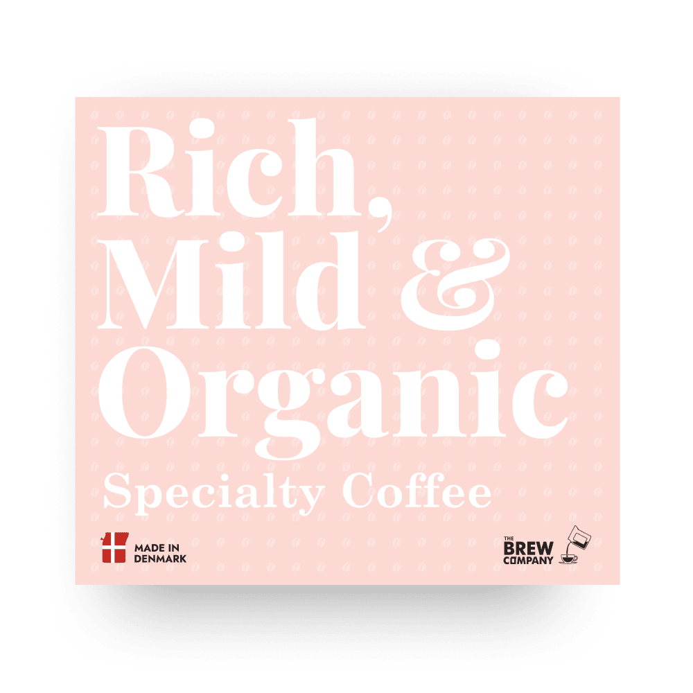 3 pcs coffee gift box with 'Rich, Mild & Organic Specialty Coffee' text and branding on a pink background