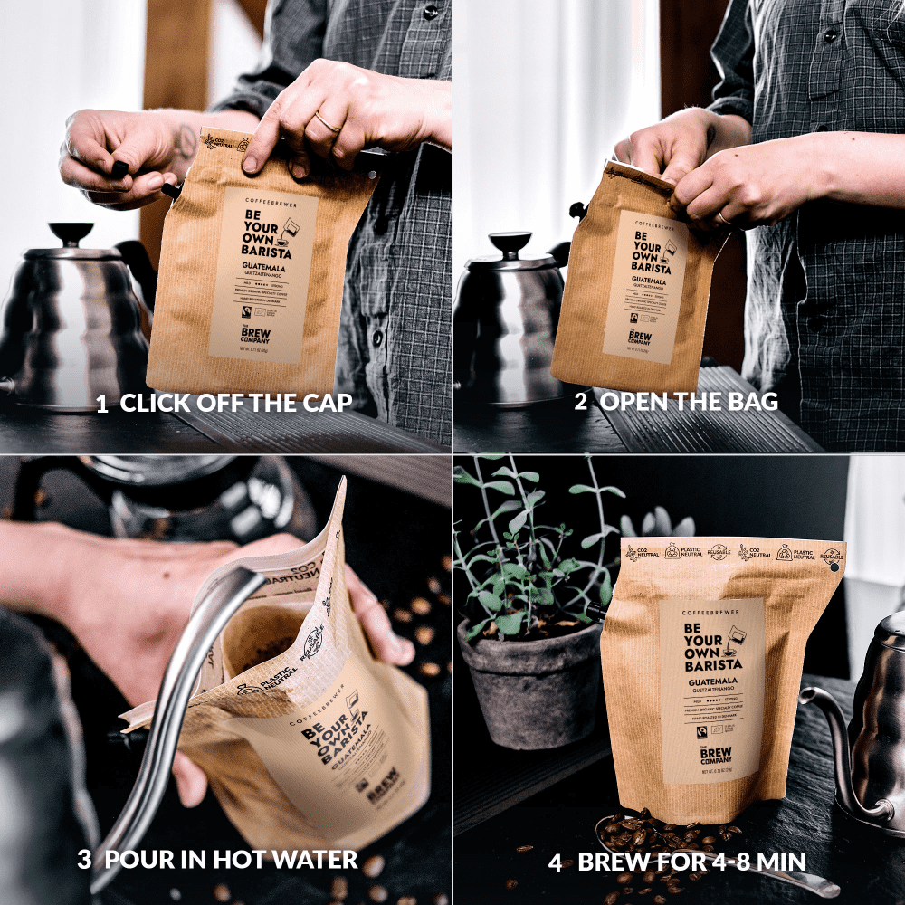 Step-by-step guide on how to brew coffee using a pre-packaged coffee bag.
