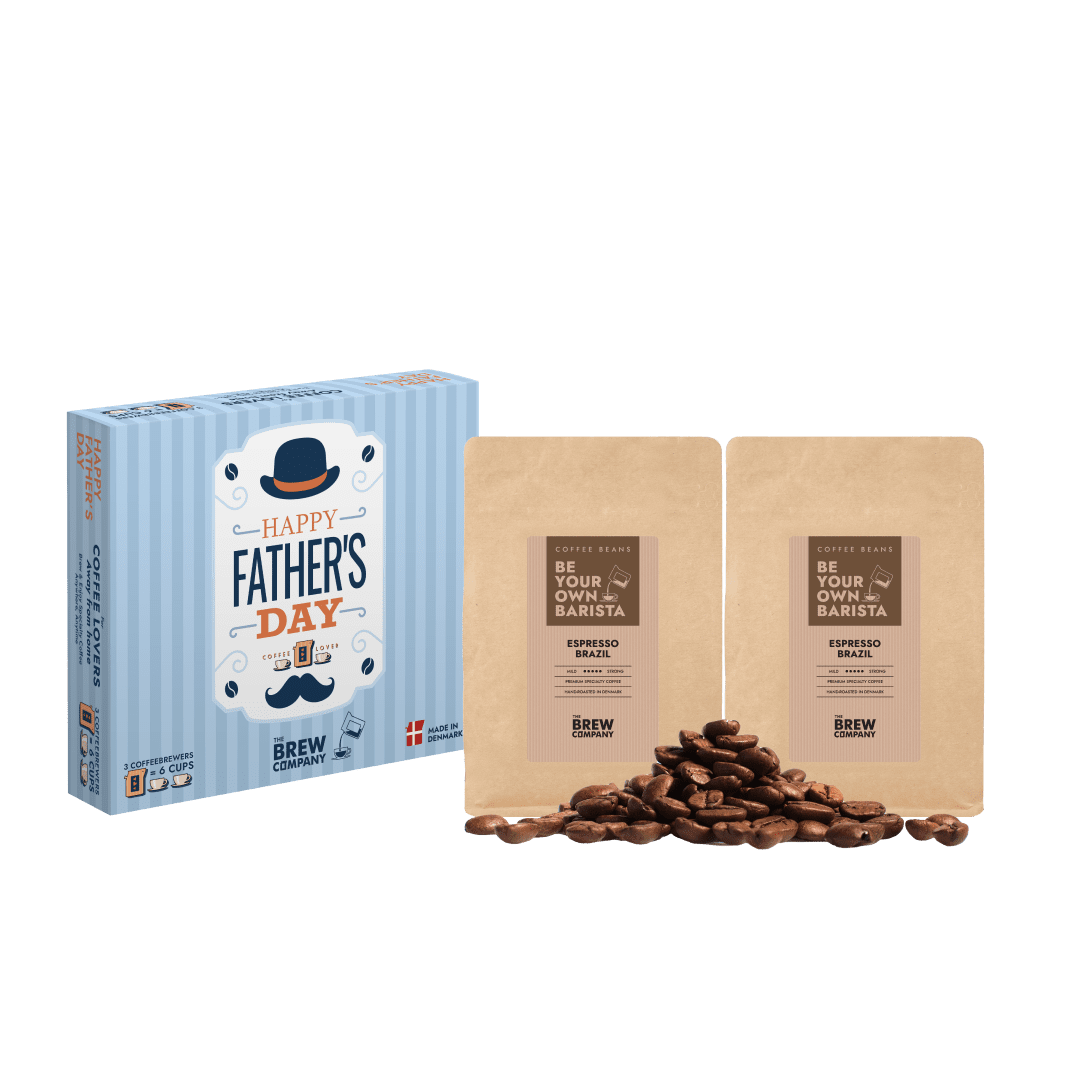 Father's Day coffee gift set with packaging and coffee beans on a green background