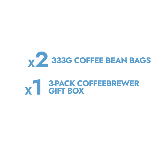 Text detailing the contents of a coffee gift set on a white background