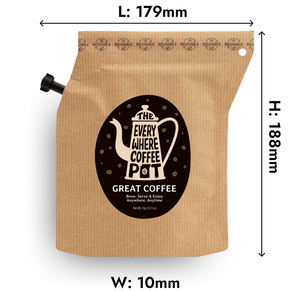 Brown coffee bag with 'Everywhere Coffee Pot' logo and dimensions on a green background