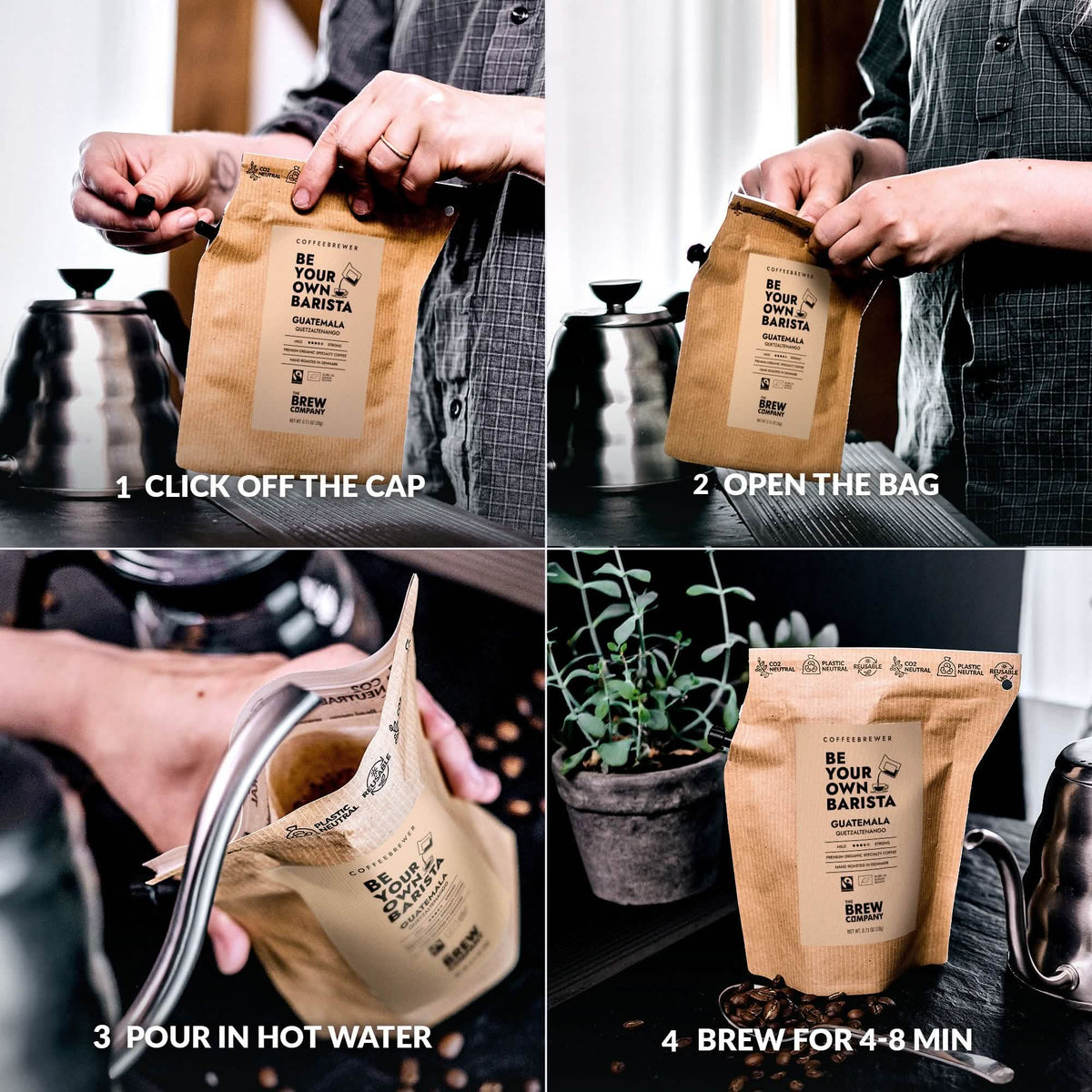 Step-by-step guide on how to brew coffee using a pre-packaged coffee bag.