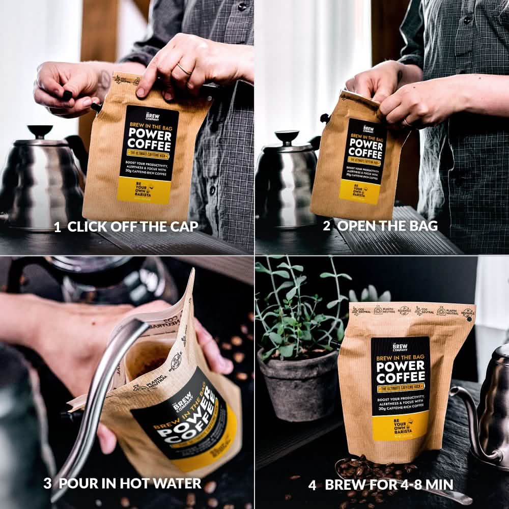 Step-by-step guide on how to open and brew Power Coffee. Best Portable Power Coffee - Premium Specialty Coffee - Coffeebrewer - Brew Anywhere - The Brew Company