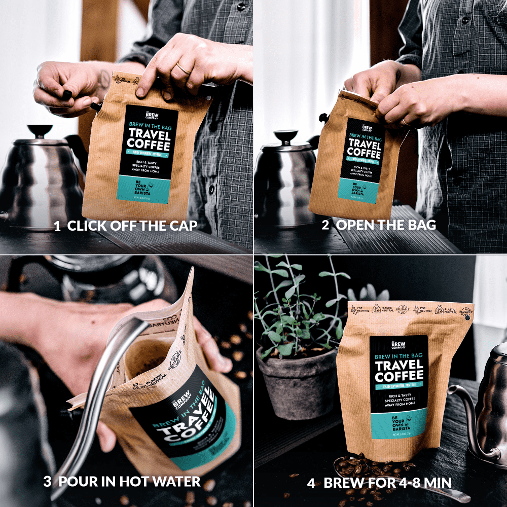 Step-by-step guide on how to brew Travel Coffee with a person holding a package. Best Portable Coffee for Travel- Premium Specialty Coffee - Coffeebrewer - Brew Anywhere - The Brew Company
