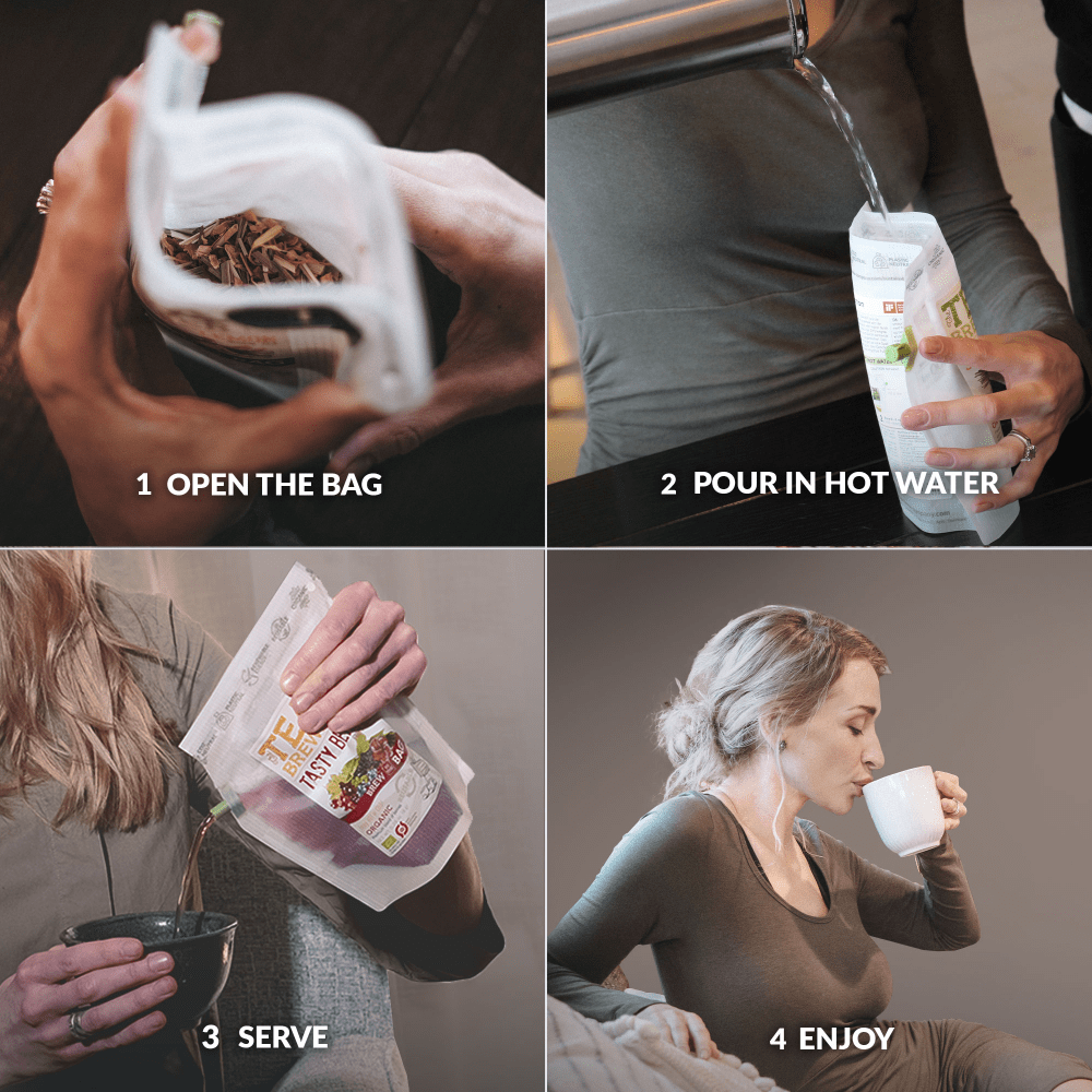 Step-by-step guide on how to prepare and enjoy a hot beverage, including opening a bag, pouring water, serving, and drinking.