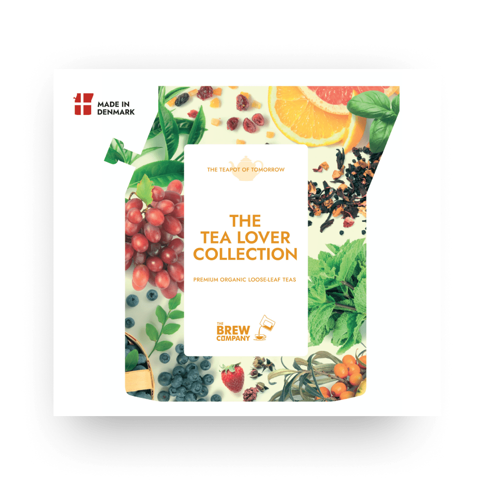 Tea packaging with 'The Tea Lover Collection' branding and images of fruits and leaves.