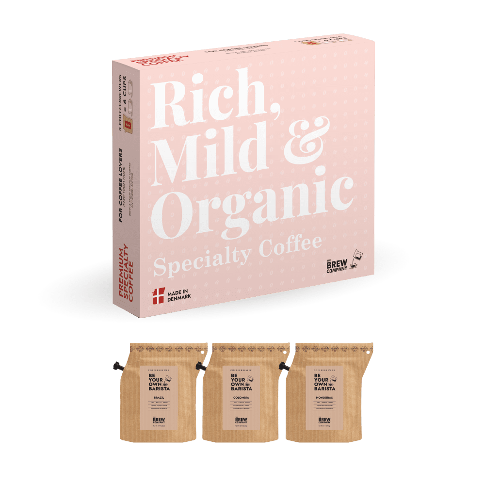 3 pcs coffee gift box with 'Rich, Mild & Organic Specialty Coffee' text and branding on a pink background