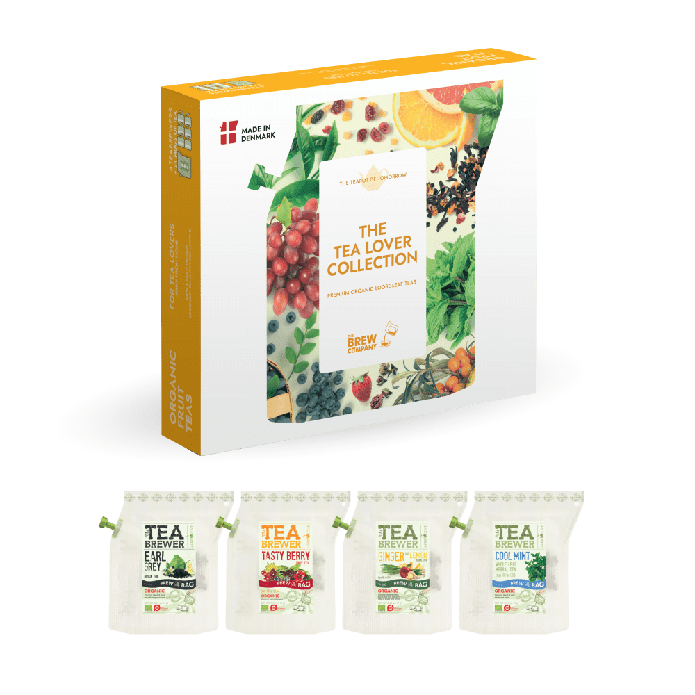 Tea lover collection packaging with individual tea bags displayed below on a white background