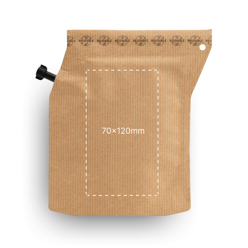 Brown paper bag with a cutout area for size reference on a black background