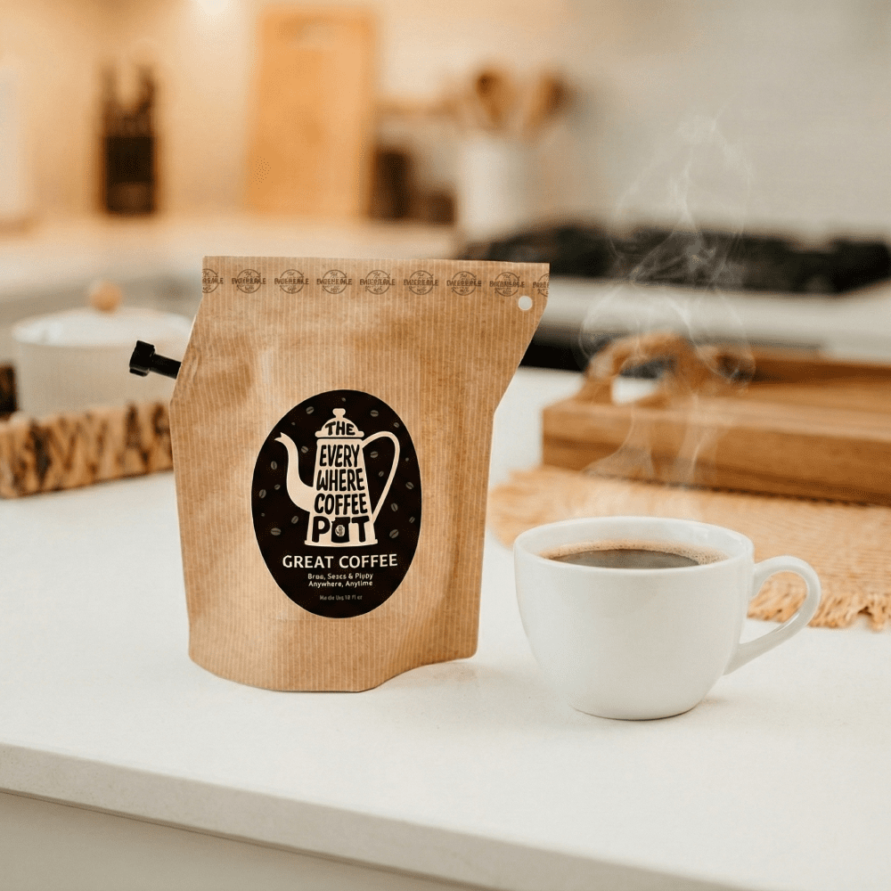 Kraft paper coffee bag with 'Everywhere Coffee Pot' logo on a white background
