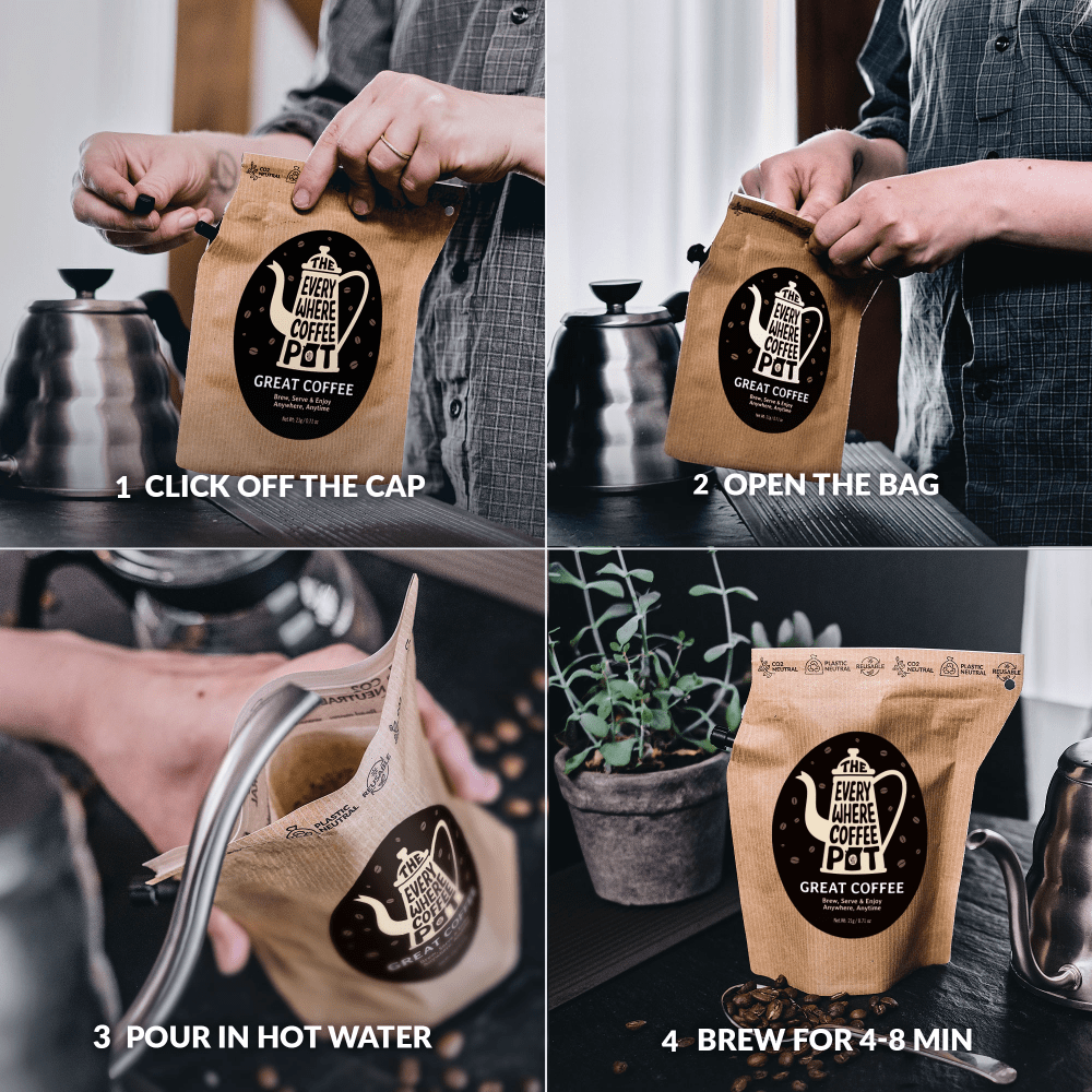 Kraft paper coffee bag with 'Everywhere Coffee Pot' logo on a white background