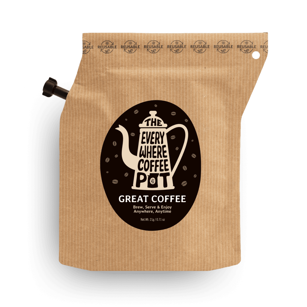Kraft paper coffee bag with 'Everywhere Coffee Pot' logo on a white background