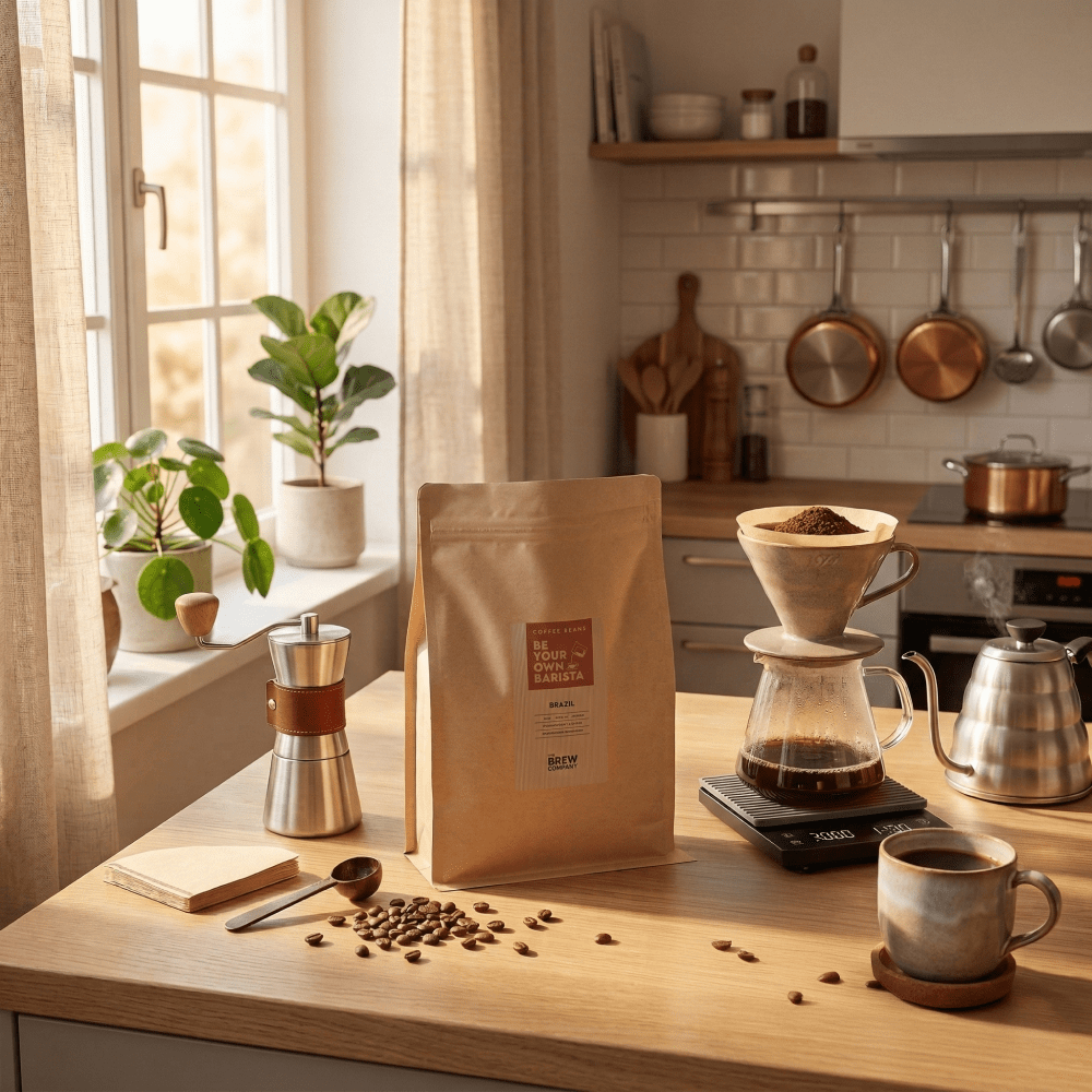 Kitchen counter with coffee-making setup including a bag of coffee, grinder, and cup. - The Brew Company