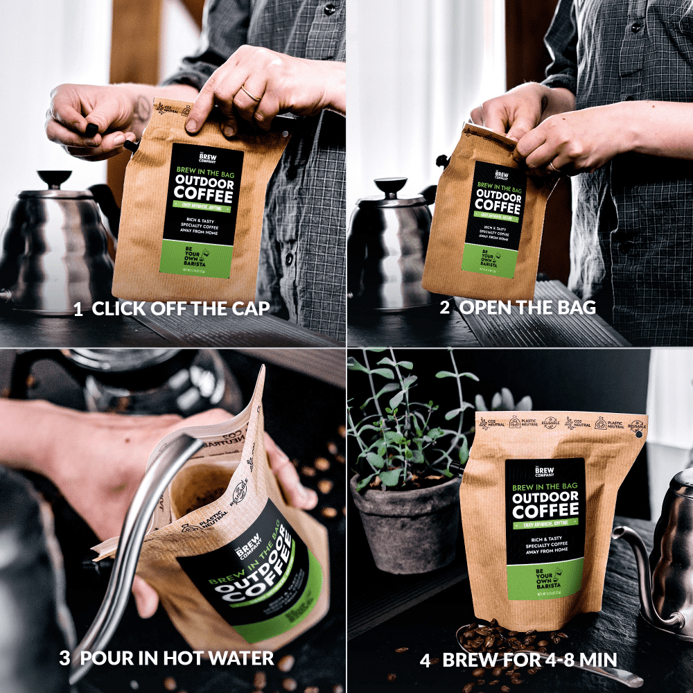 Step-by-step guide on how to brew Outdoor Coffee, with a person opening a bag and pouring water. Best Portable Coffee - Premium Specialty Coffee - Coffeebrewer - Brew Anywhere - The Brew Company
