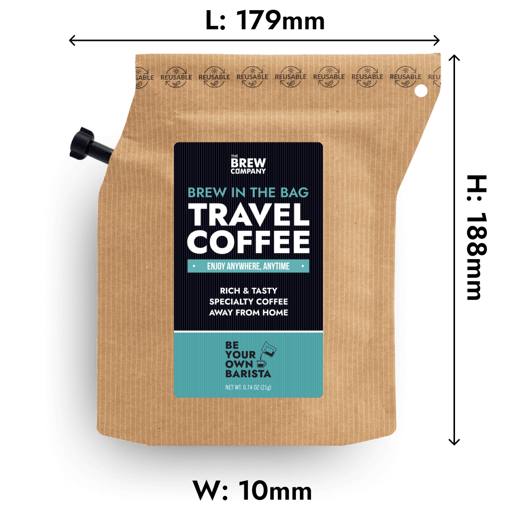 Travel coffee package with dimensions. Best Portable Coffee for Travel- Premium Specialty Coffee - Coffeebrewer - Brew Anywhere - The Brew Company