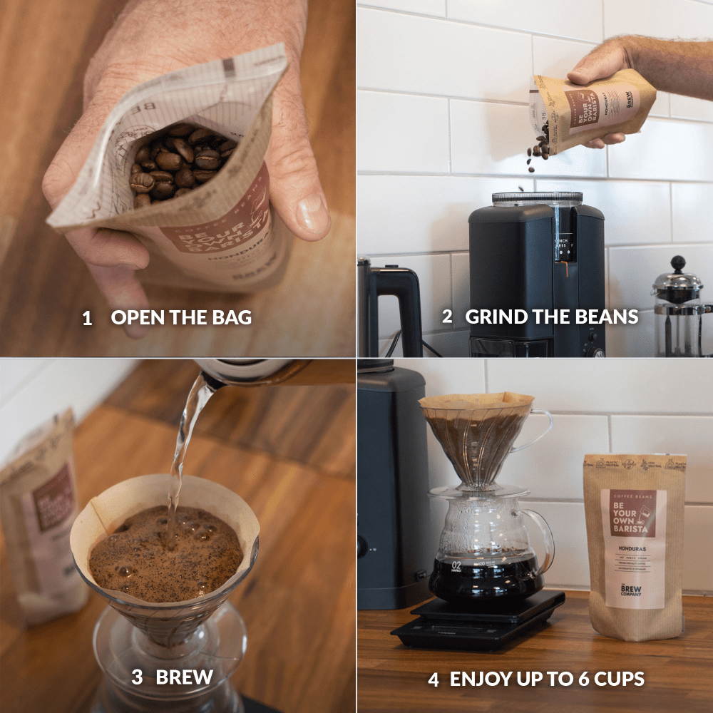 Step-by-step process of making coffee from opening a bag to brewing. The Brew Company